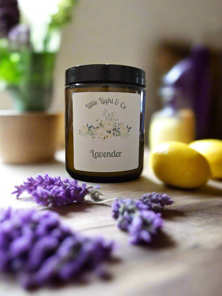 Lavender scented candle in a reuseable amber jar