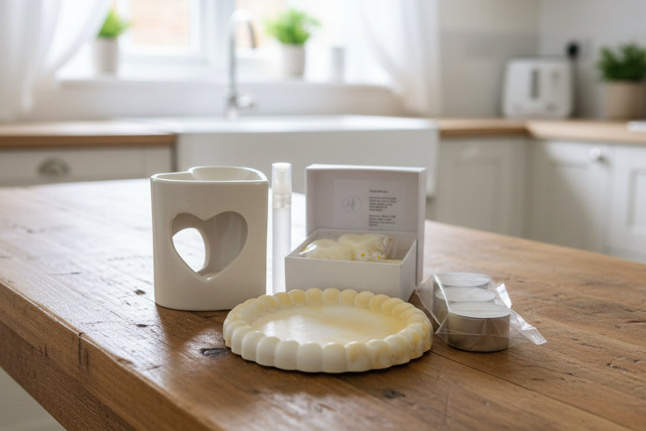 Sunshine wax melt collection, ceramic melter and Eco cast tray pack little light & co