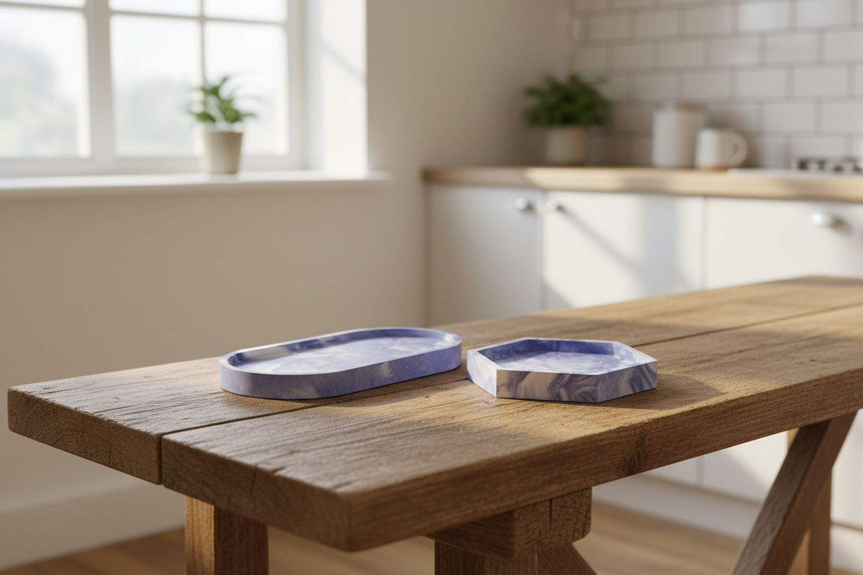 Two ceramic trays on a wooden table in a kitchen setting
