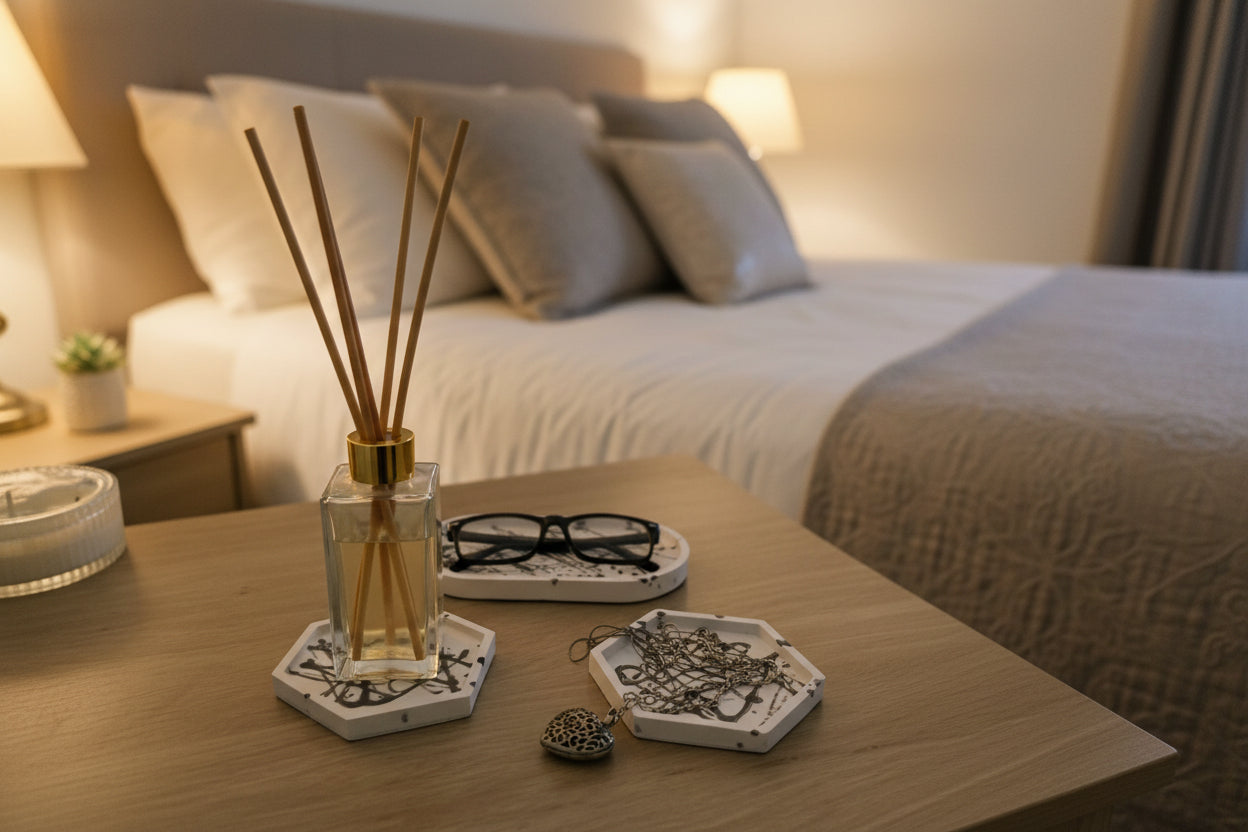 Stillness in Ink tray and coaster styled in a calm, minimalist space