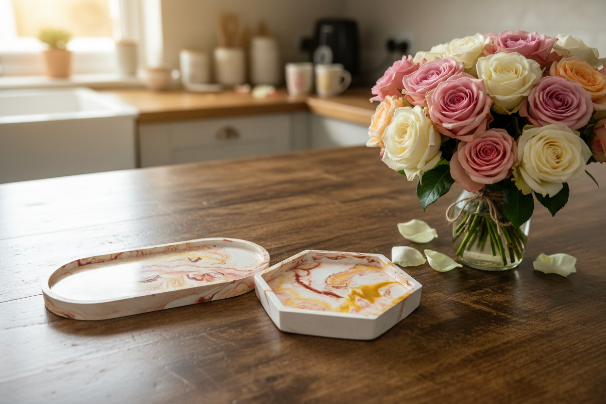 Marble-patterned ceramic trays on a wooden table with a vase of roses.