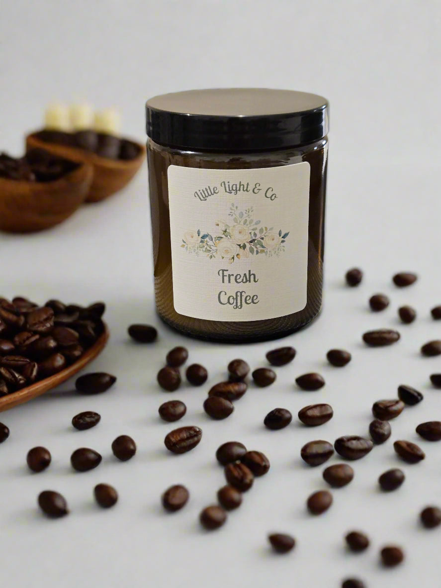Little Light & Co Fresh Coffee scented soy wax candle in reuseable amber jar
