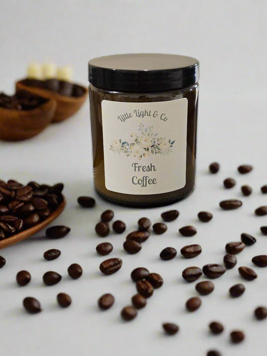 Little Light & Co Fresh Coffee scented soy wax candle in reuseable amber jar
