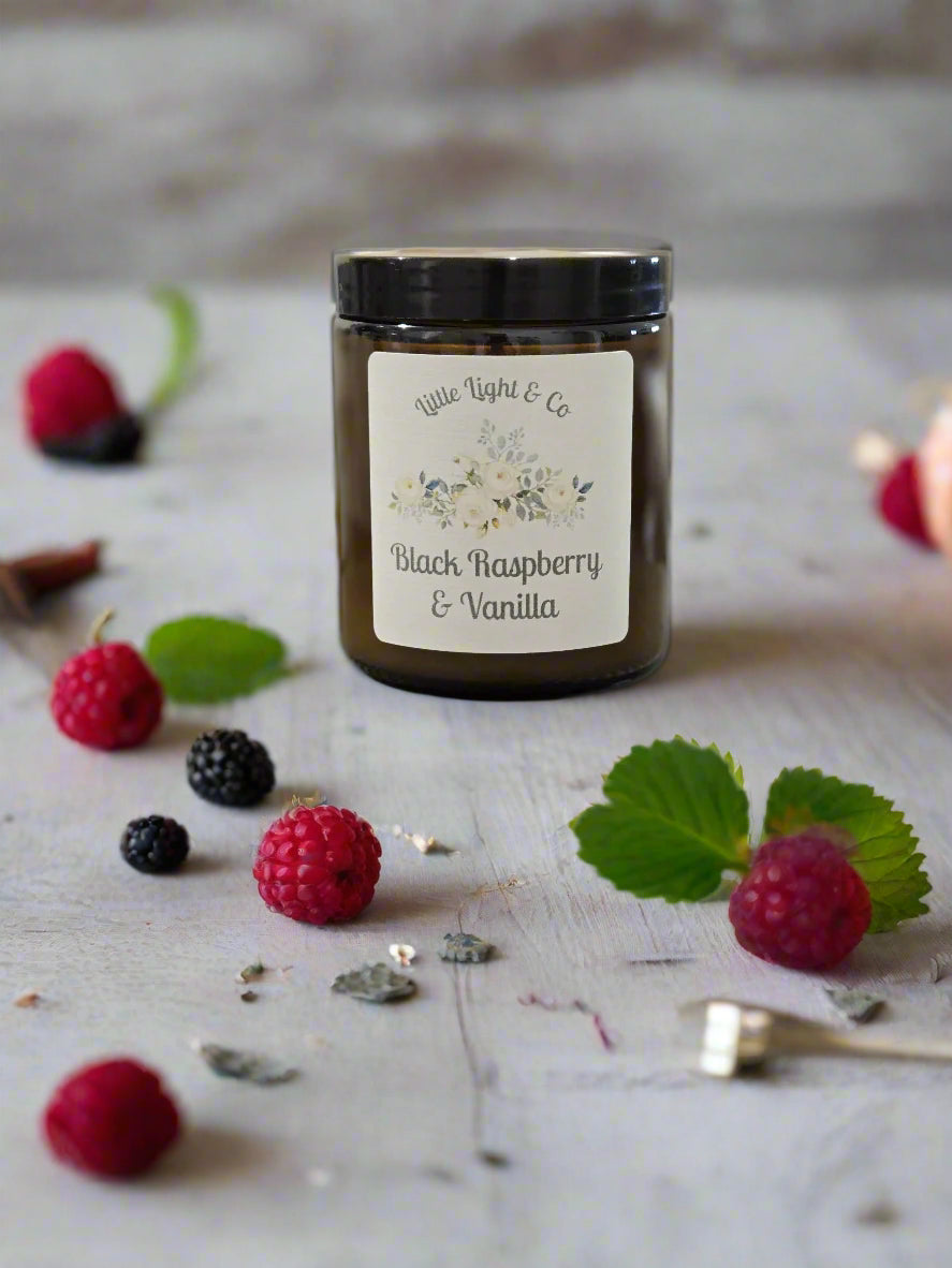 Black Raspberry & Vanilla scented candle in a reuseable amber jar 