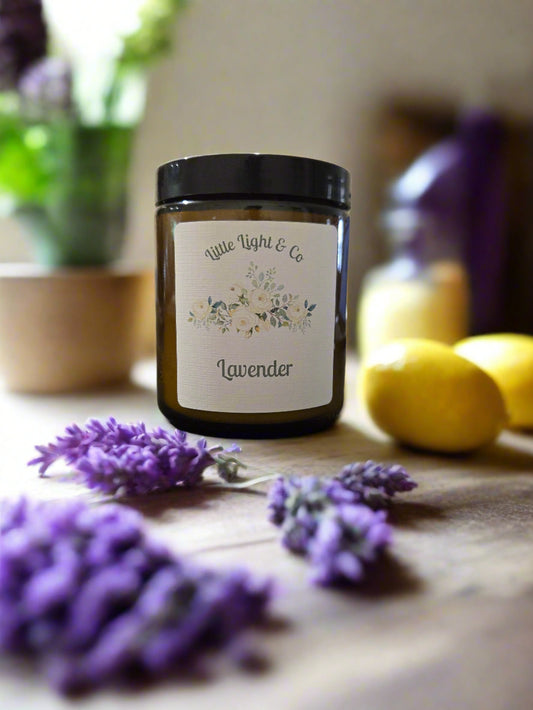 Lavender scented candle in a reuseable amber jar 
