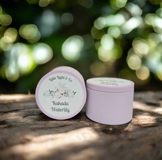 Little light & co scented tin in kakadu Waterlily fragrance. Reuseable container