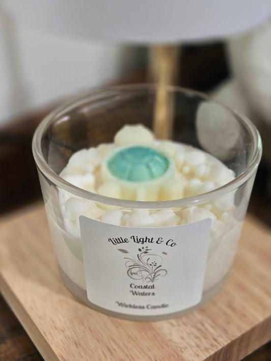 Coastal Waters Wickless Candle on a candle warmer lamp little light & co 