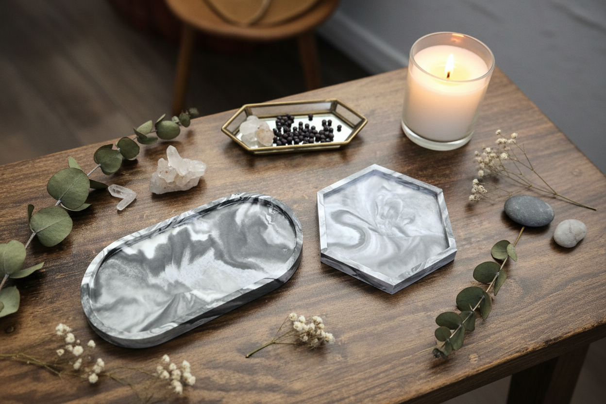 Grey Haze handmade tray and coaster set with soft grey marbling by Little Light Co
