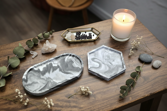 Grey Haze handmade tray and coaster set with soft grey marbling by Little Light Co