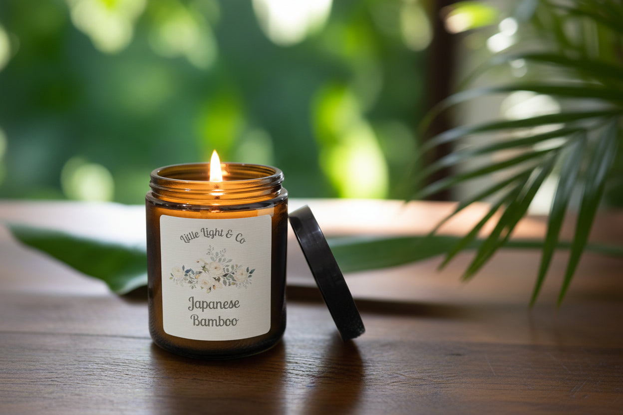 Candle jar labeled 'Japanese Bamboo' by Little Light Co on a textured surface.