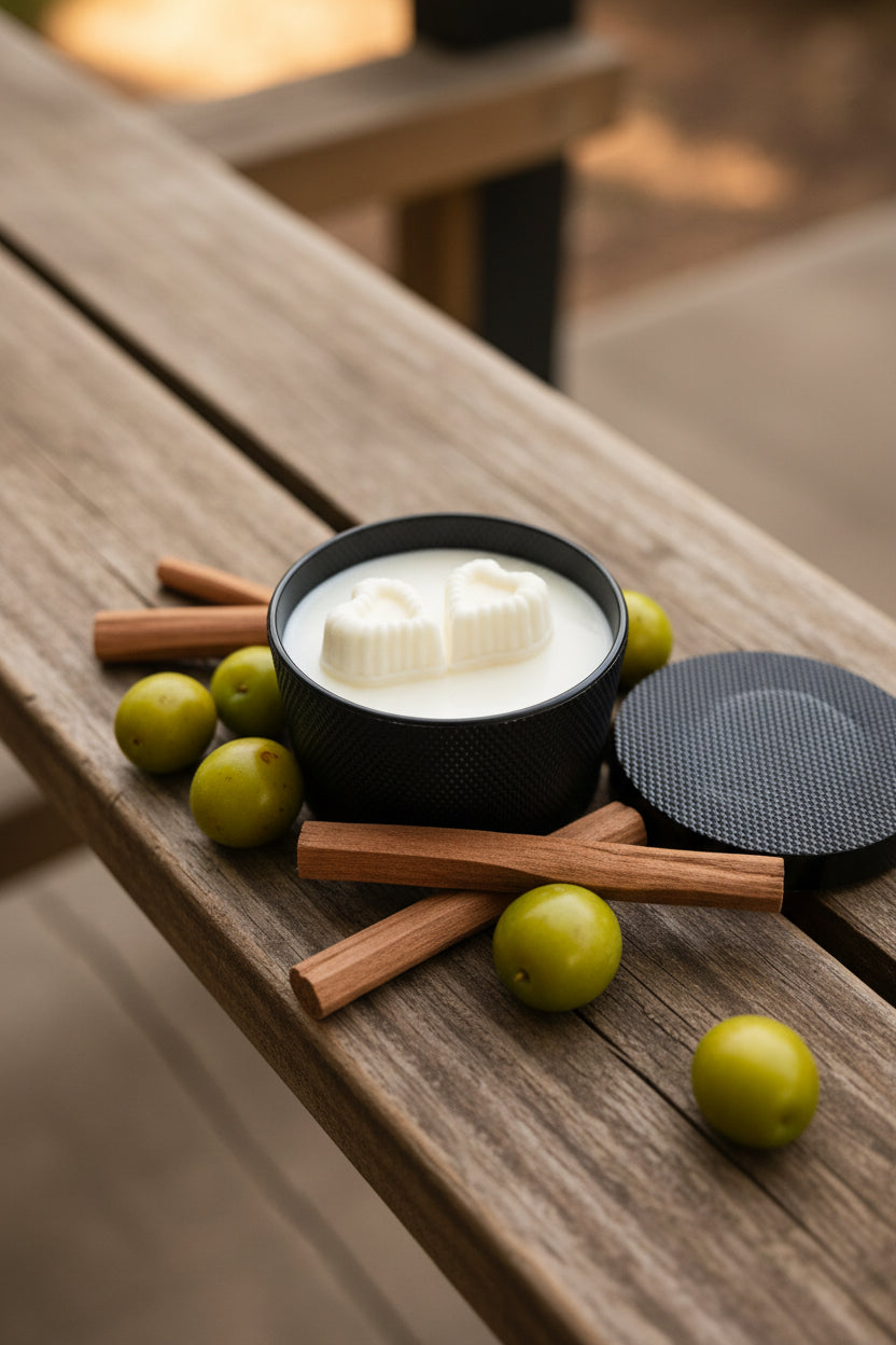 After dark series Flame-Free candle with sandalwood sticks on a wooden surface
