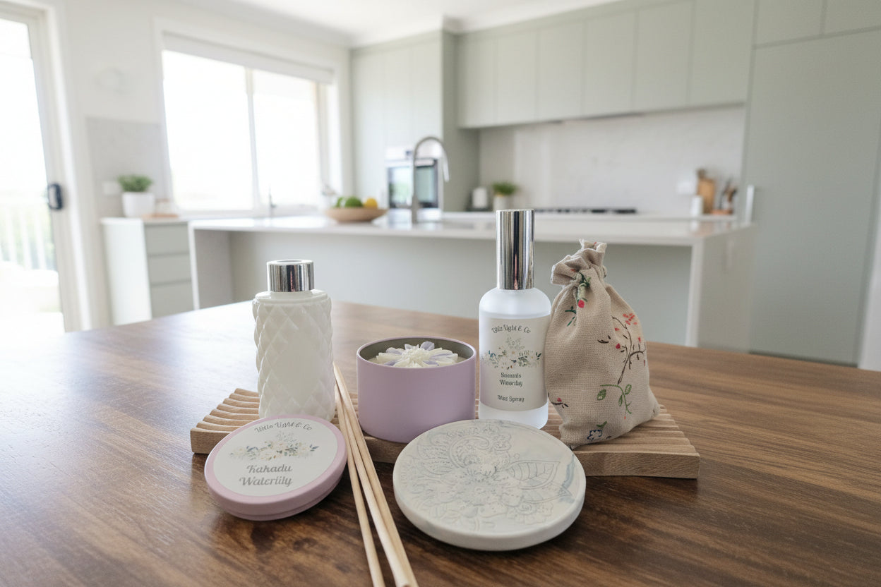 Curated bundle of premium scented candles wax melts and diffuser style home fragrance. 