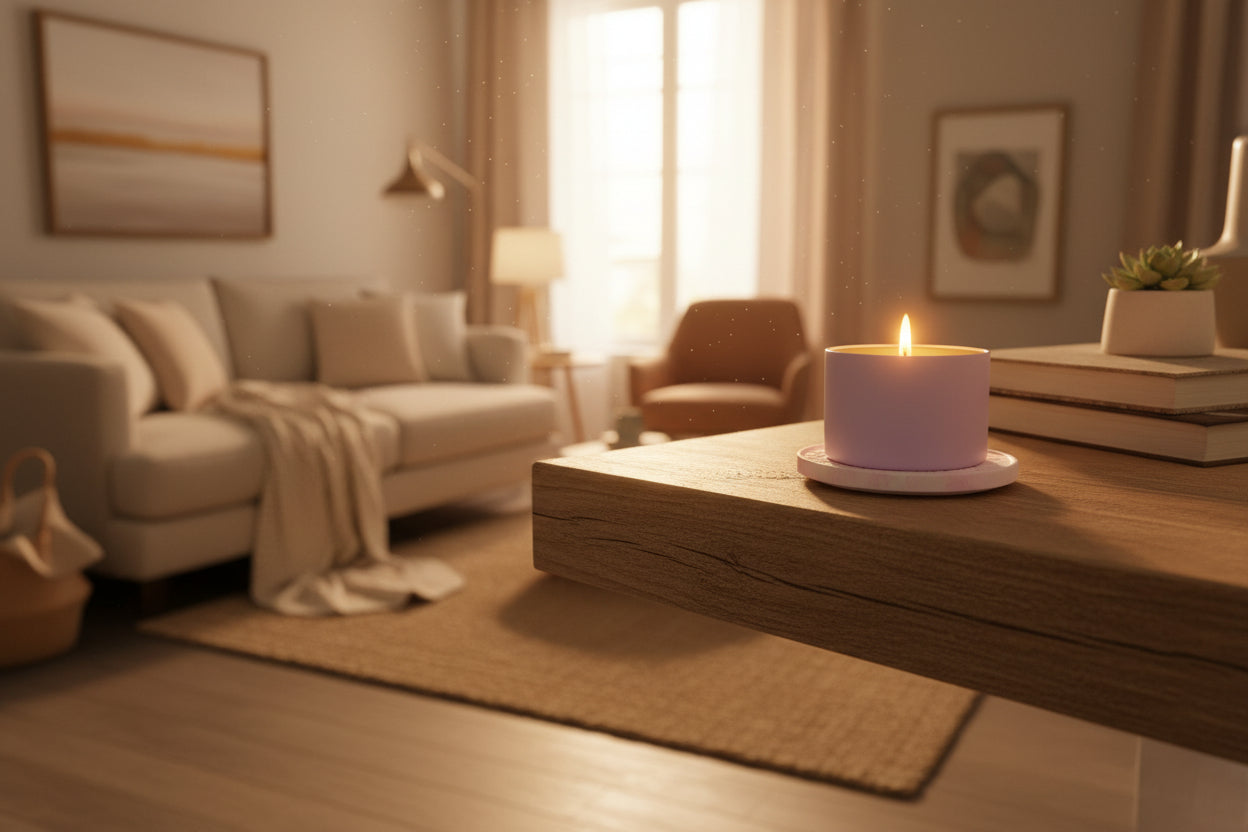 Cozy living room with a lit candle on a wooden table, soft lighting
