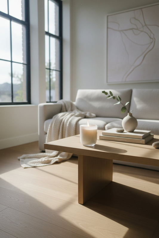 Lit Ascot Soy Candle in lounge setting.