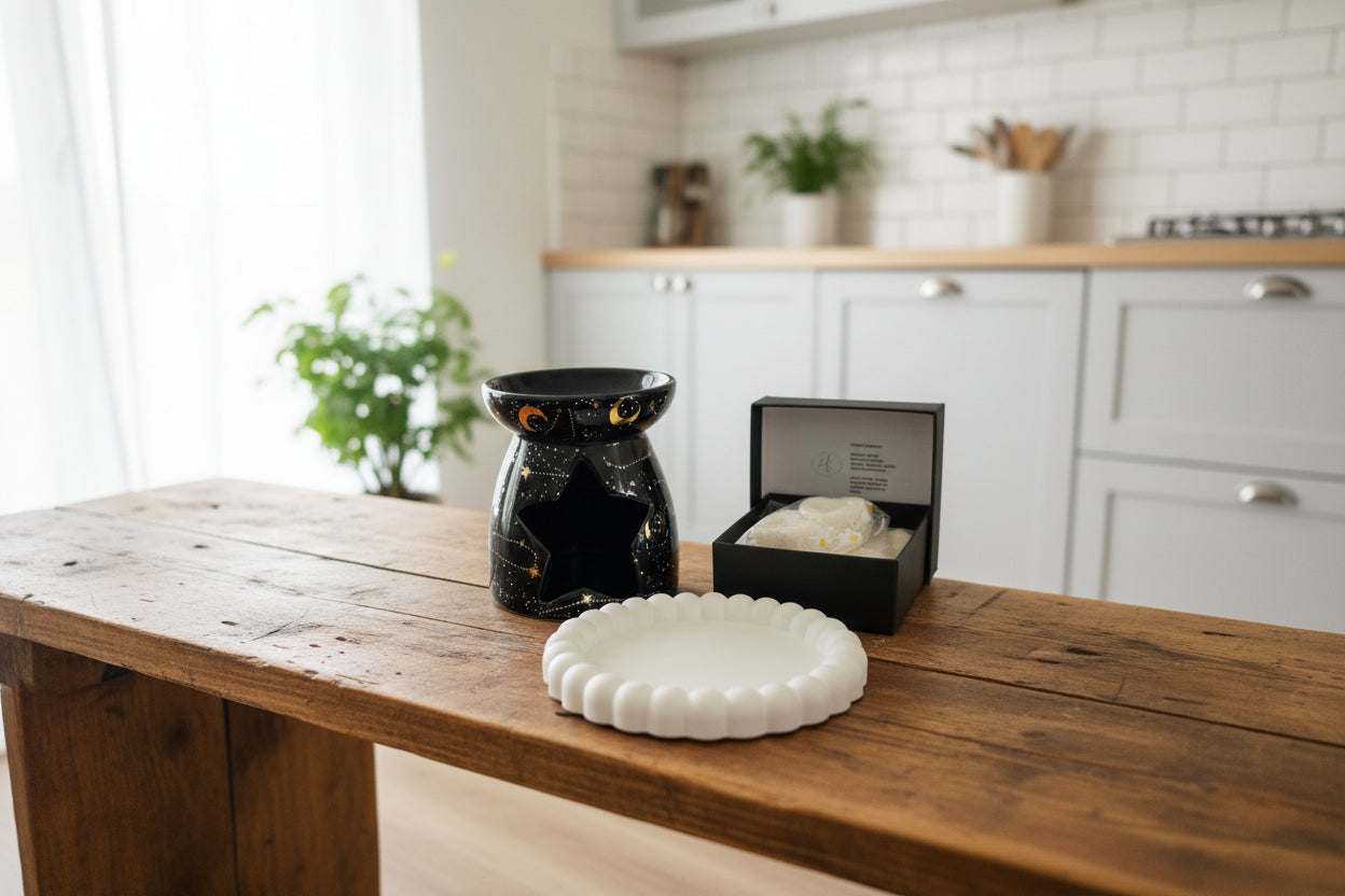 Mellow wax melt collection, ceramic melter and Eco cast tray pack little light & co