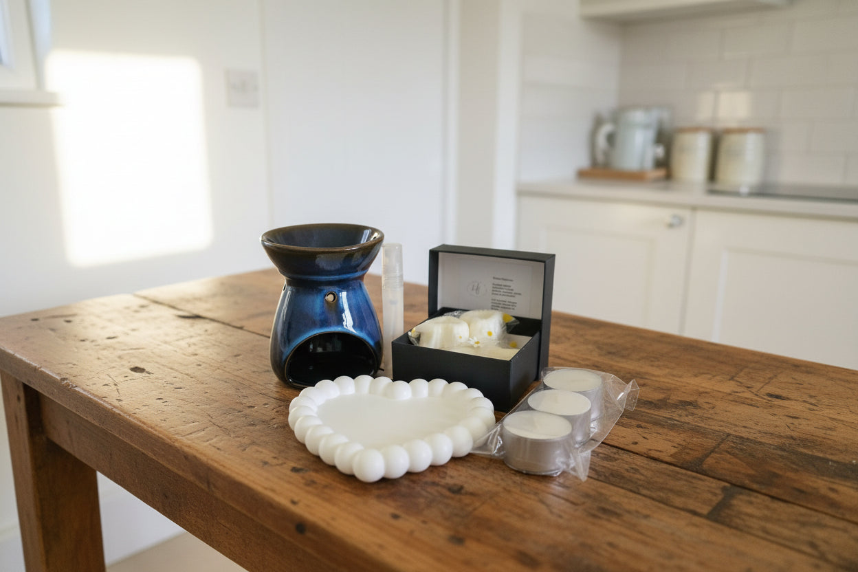 Mellow wax melt collection, ceramic melter and Eco cast tray pack little light & co