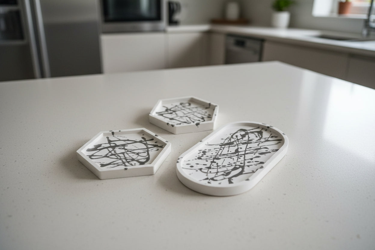 Stillness in Ink handmade tray and coaster set with black line detail