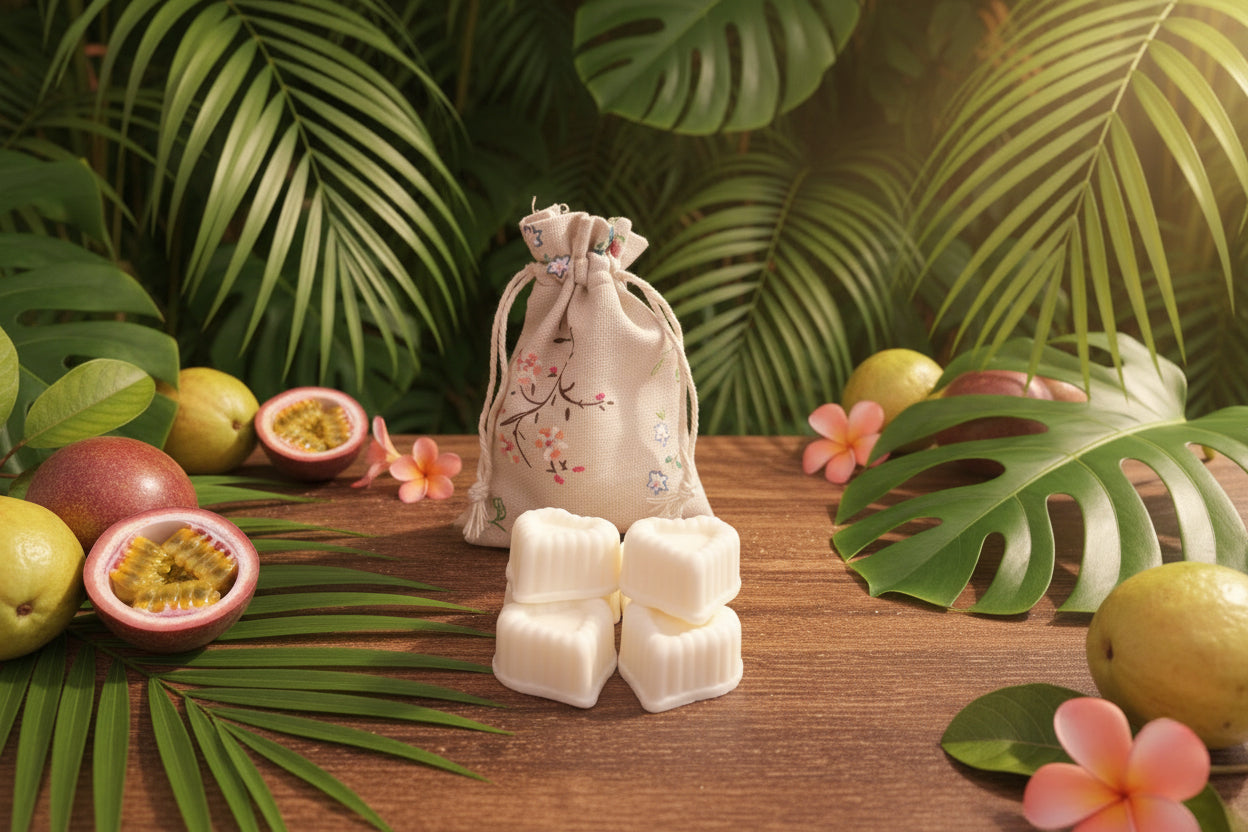 Tropical wax melts on a wooden surface with tropical fruits and leaves in the background