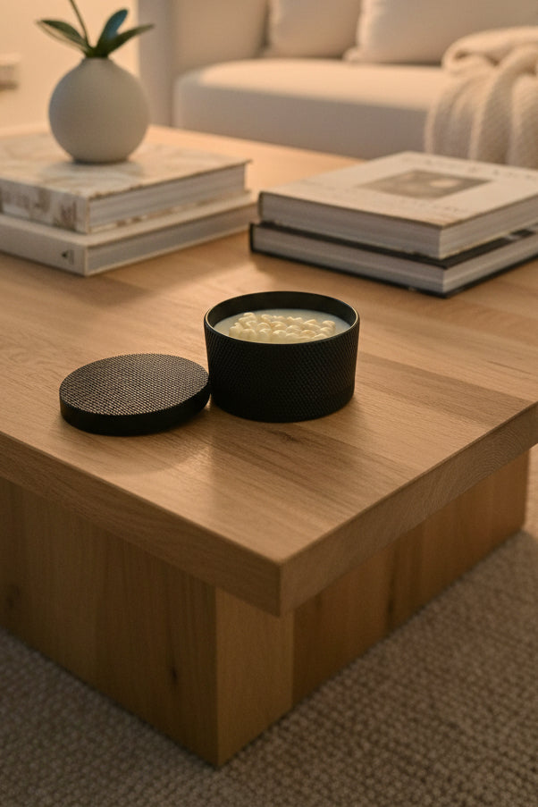 Vanilla Caramel flame free candle little light & co on a wooden coffee table in a living room setting.