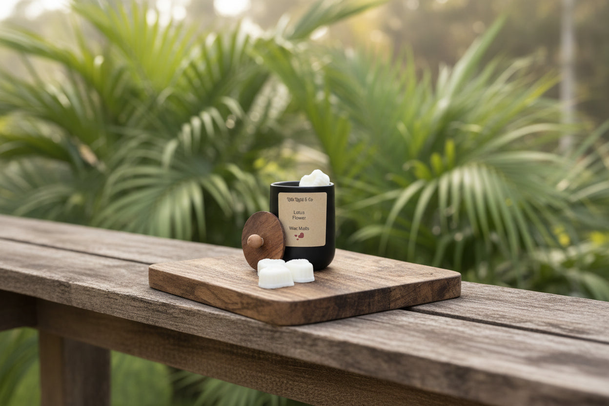 Wax melt container labeled 'Lotus Flower' on a wooden stand with flowers.