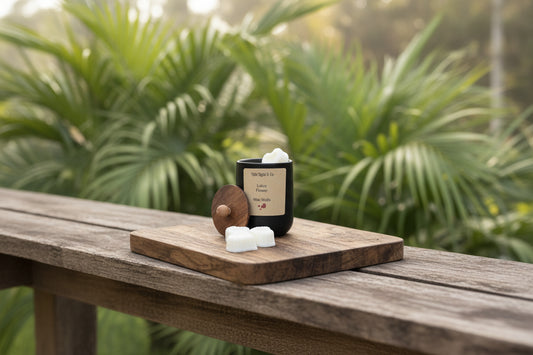 Wax melt container labeled 'Lotus Flower' on a wooden stand with flowers.