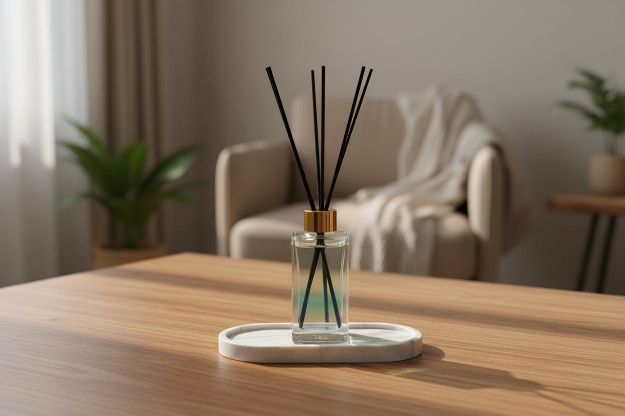 Reed Diffuser with pearl glow on a wooden table 