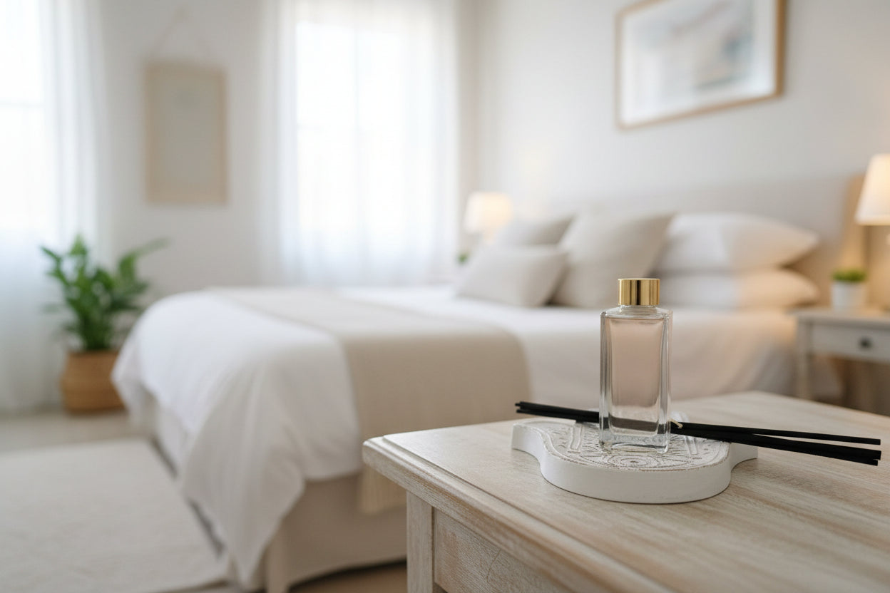 Reed Diffuser bottle with packaging on a decorative stand