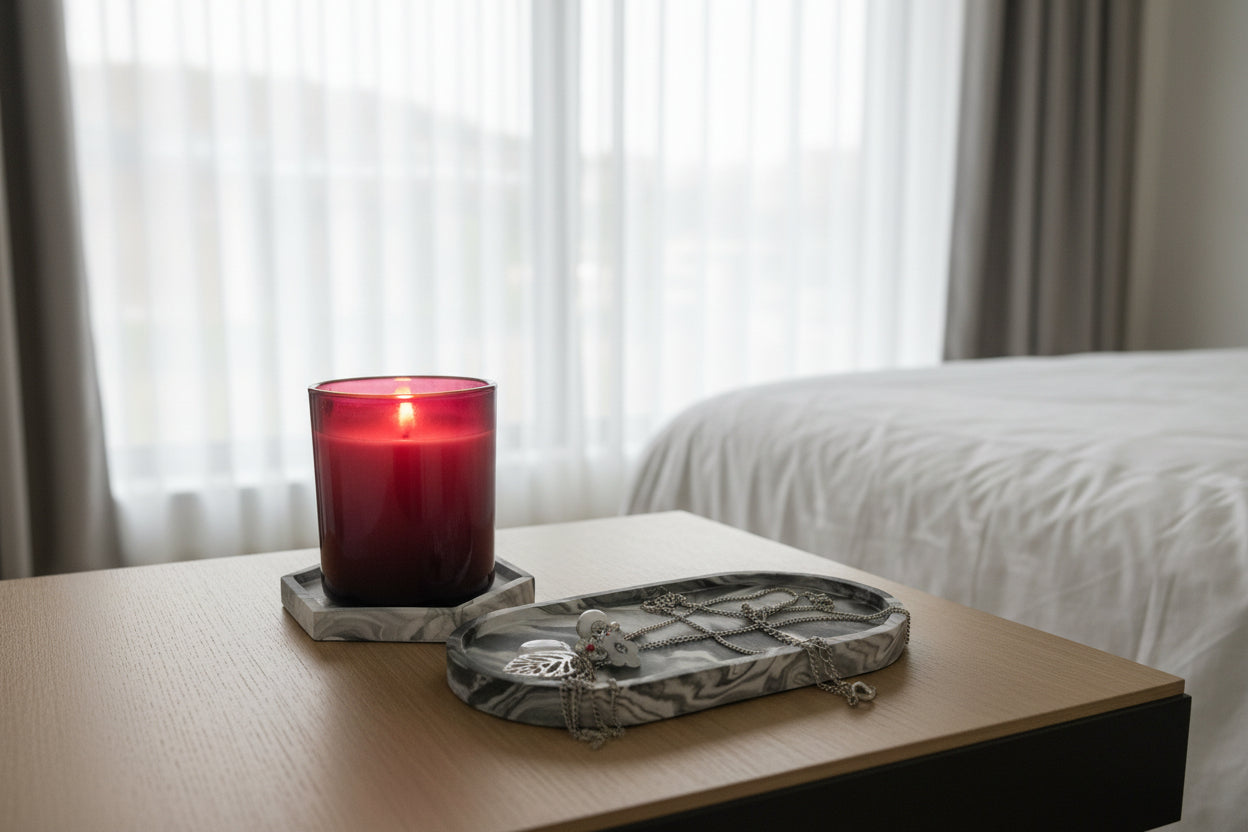 Red candle on a marble tray on a wooden surface with a bed and curtains in the background