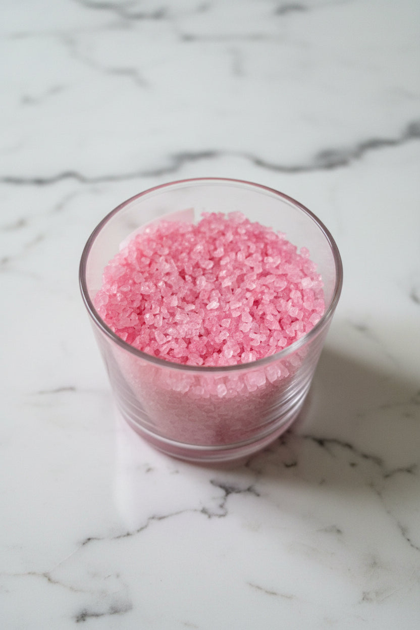 Pinksalt sizzlers in a glass container with white flowers in the background