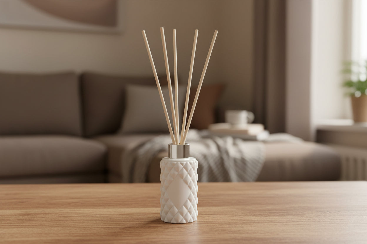 Diamond design Reed Diffuser on wooden table lounge setting.